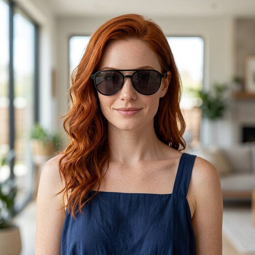 Óculos Clip-on 86002 Aviador Preto - modelo ruiva com clip solar