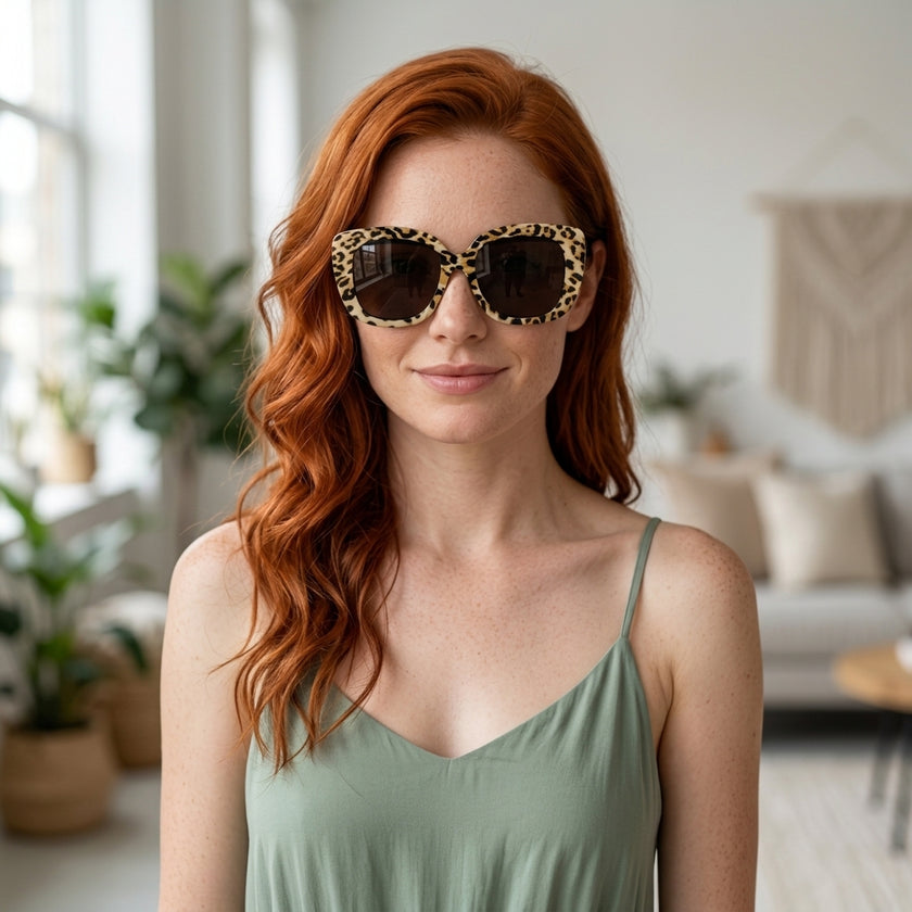 Armação Feminina AZAK HR T684 Gatinho Animal Print e Preto com Clip-on - modelo ruiva com clip solar