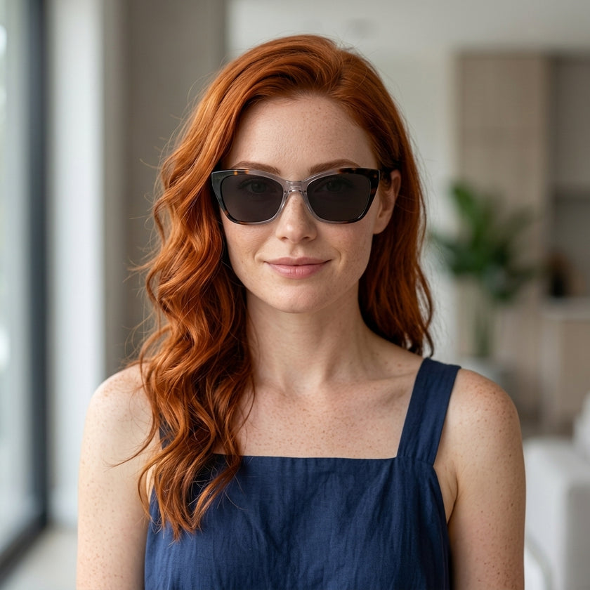 Armação Feminina AZAK PZ10093 Gatinho Tartaruga e Transparente com Clip-on - modelo ruiva com clip solar