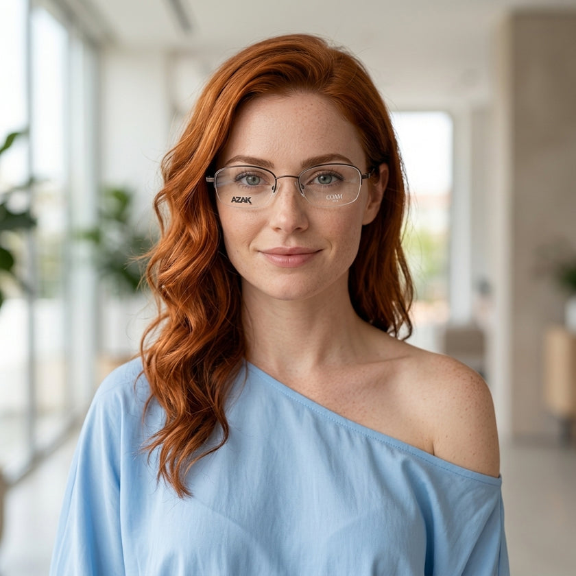 Armação Feminina AZAK 947 Meio Aro (fio de nylon) Marrom e Prata com Clip-on - modelo ruiva