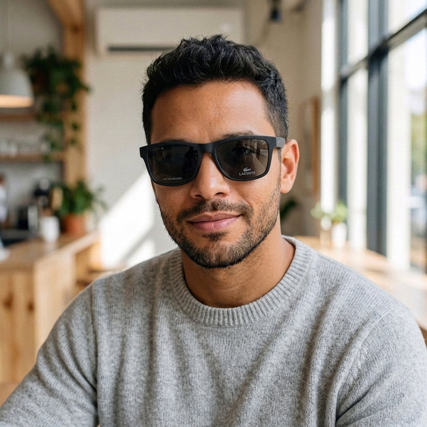 Armação Masculina Lacoste L2707 Retangular Preto, Azul e Cinza com Clip-on - modelo barba com clip solar