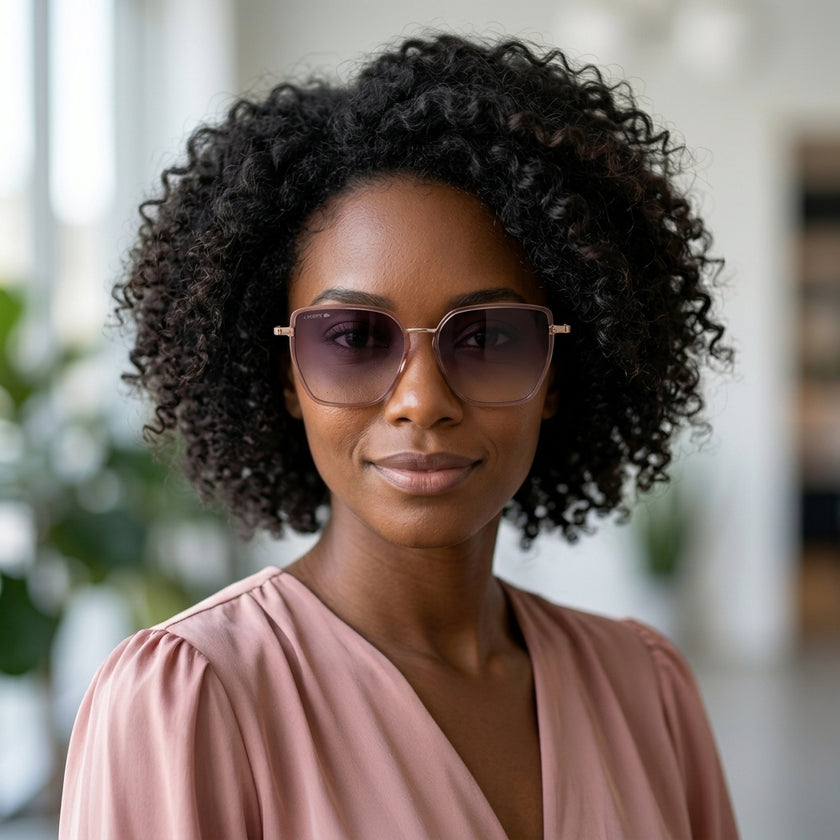 Óculos de Sol Lacoste L6062S Geométrico ou Sextavado Rosé Translúcido e Dourado - modelo morena