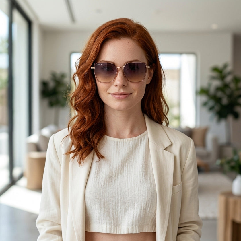 Óculos de Sol Lacoste L6062S Geométrico ou Sextavado Rosé Translúcido e Dourado - modelo ruiva