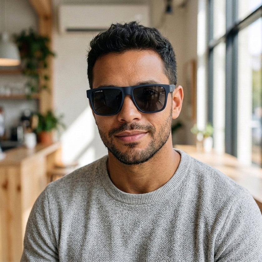 Óculos de Sol Lacoste L6085S Quadrado Preto e Azul - modelo barba