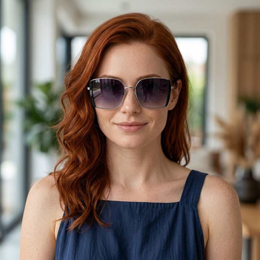 Óculos de Sol Sabrina Sato SS114 Quadrado Prata e Preto - modelo ruiva