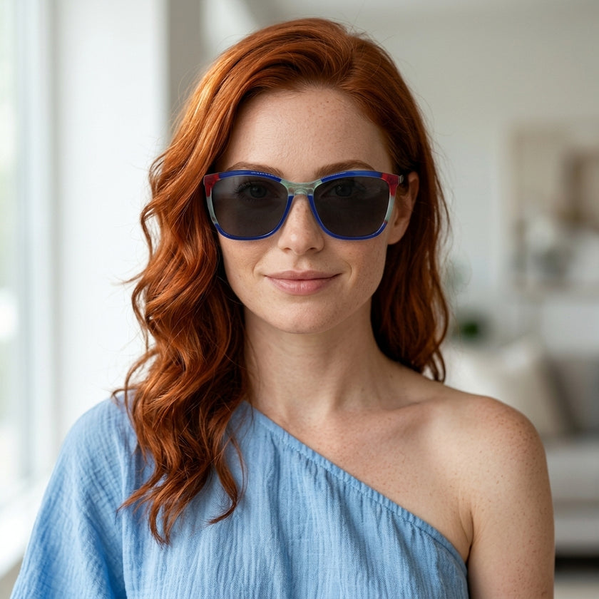 Óculos de Sol M554 Quadrado Vermelho, Azul e Verde - modelo ruiva