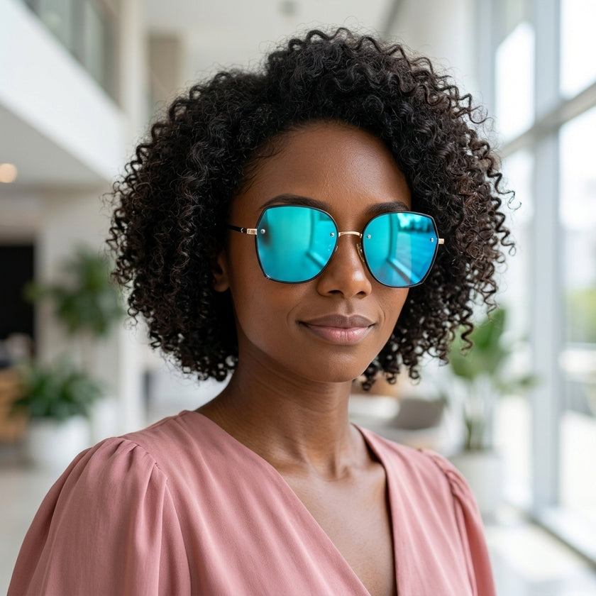 Óculos de Sol ZL1622 Geométrico ou Sextavado Preto, Dourado e Azul - modelo morena
