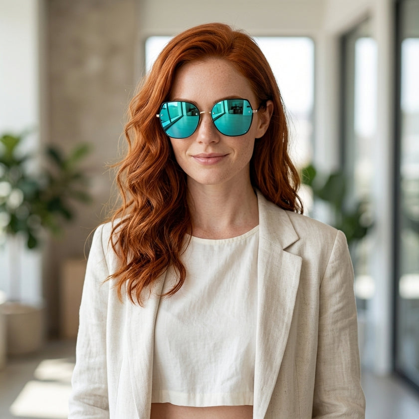 Óculos de Sol ZL1622 Geométrico ou Sextavado Preto, Dourado e Azul - modelo ruiva